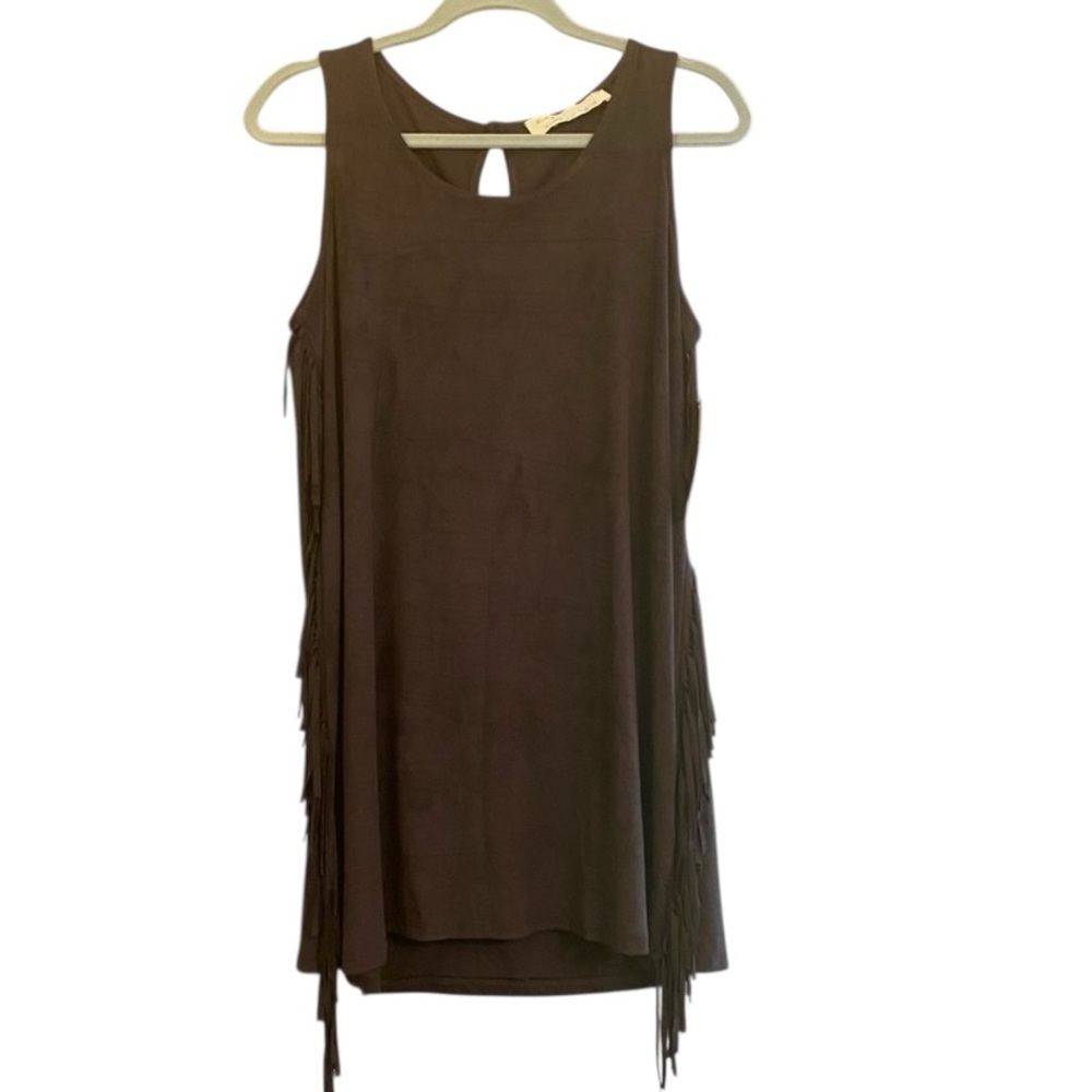 NWT Vintage Havana Black Soft Sueded Fringe Tank Mini Dress Sz L
